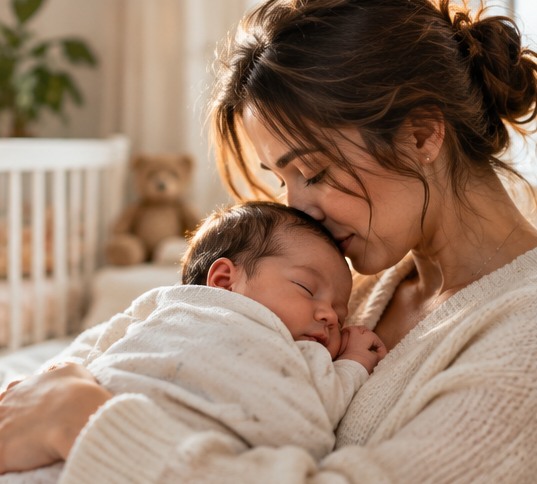 Mother gently holding her sleeping newborn close