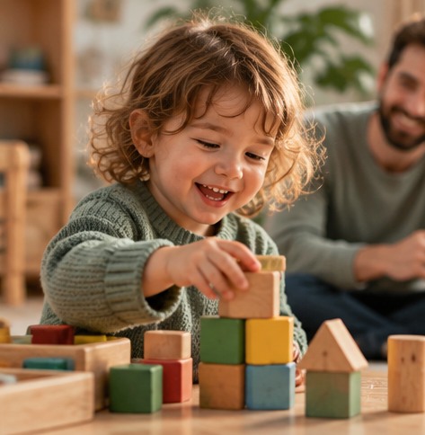 Happy toddler playing with wooden building blocks at home