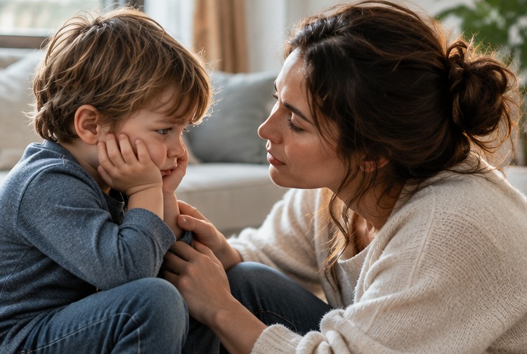 Mother listening closely to her young child in a calm home setting