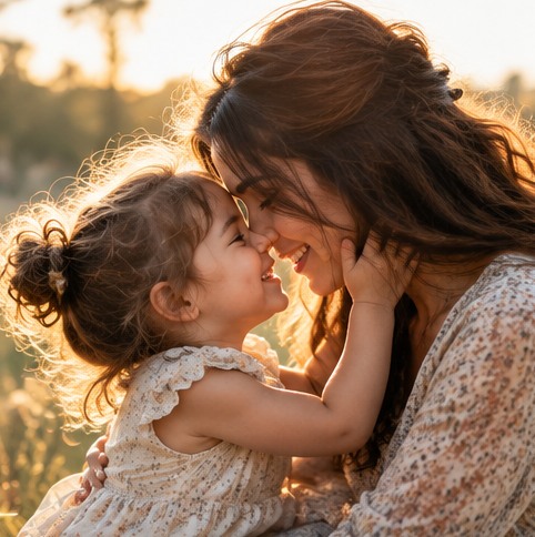 Mother and young daughter sharing a warm affectionate moment outdoors